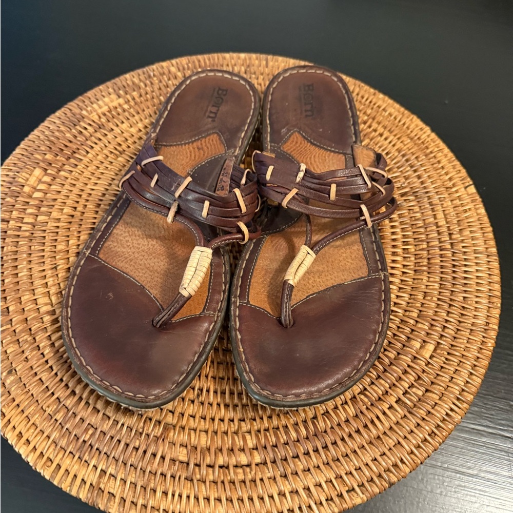 Born Brown‎ Leather Sandals with Woven Detail